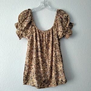 Maurices Blouse Size XS Tan Blue Off The Shoulder Short Sleeve Western Casual